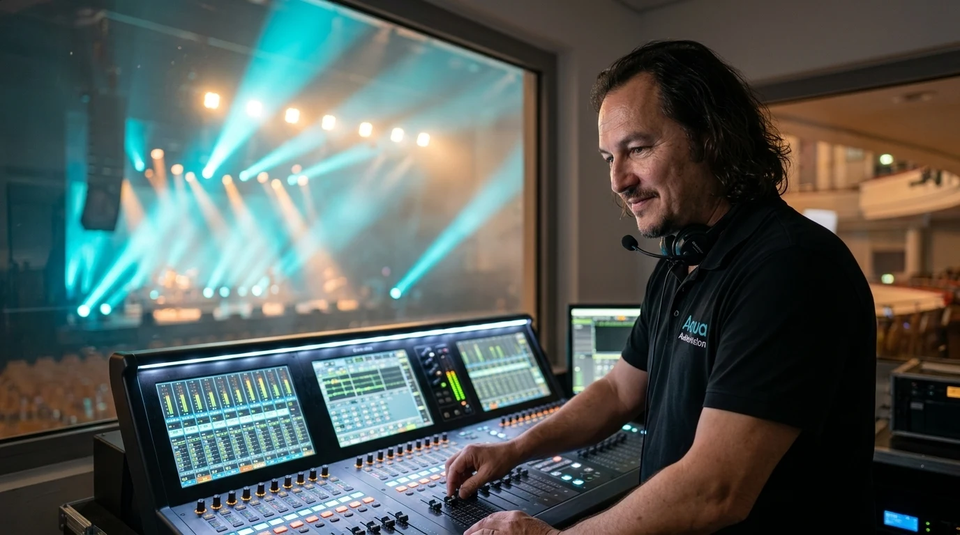 David Verbecq en régie technique FOH aux commandes de la console numérique